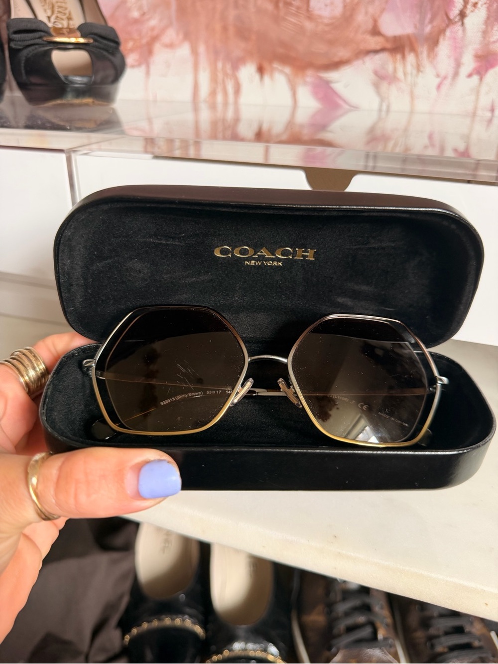 Coach Black Hexagon Sunglasses with Gold Accent